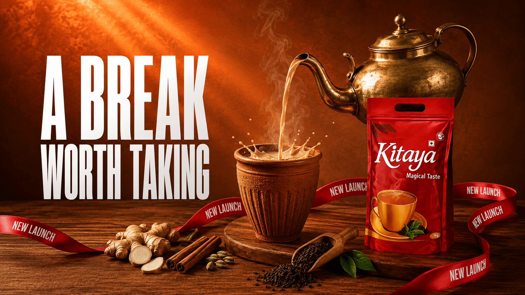 Kitaya Assam chai being poured, with a Kitaya Magical Taste pack
